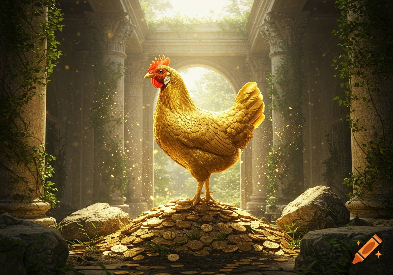 A majestic golden chicken stands atop a large pile of shining gold coins in sunlit ancient ruins with ivy-covered columns.