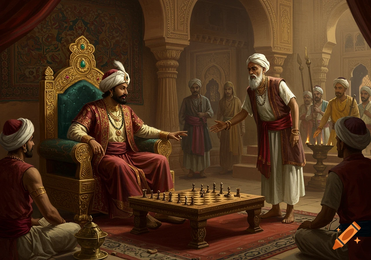 An Indian king on a golden throne playing chess with an older man in an ornate palace room.
