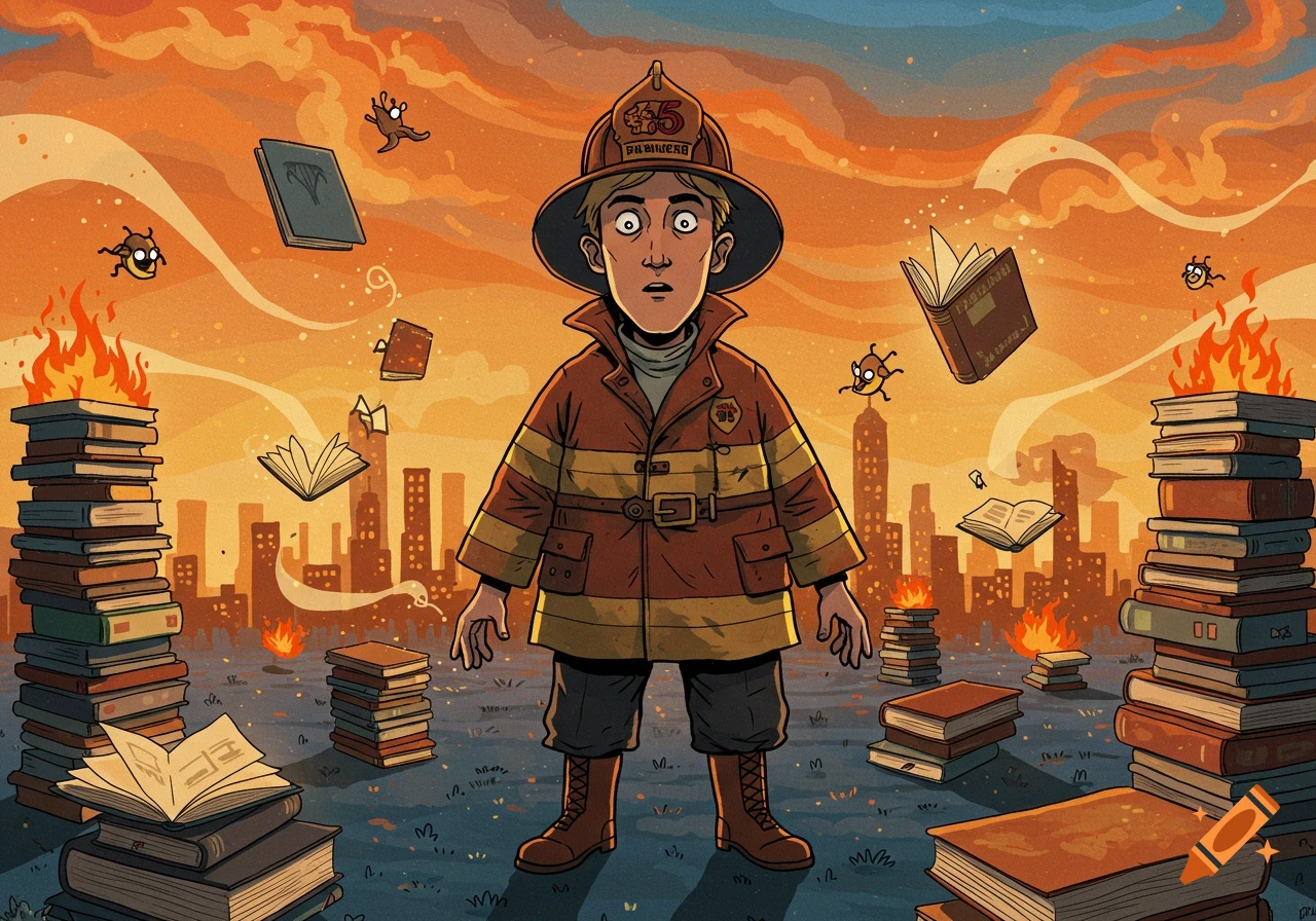 A cartoon firefighter, Guy Montag, looks distraught amidst burning piles of books and flying books over a cityscape at sunset.