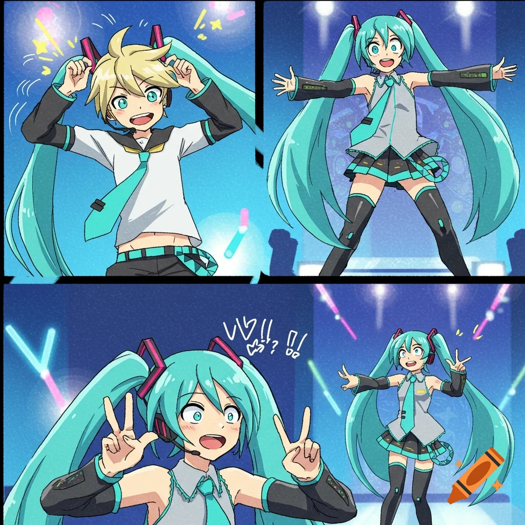 A four-panel anime comic shows Kagamine Len putting on a Hatsune Miku wig, then posing in her full costume on a stage.
