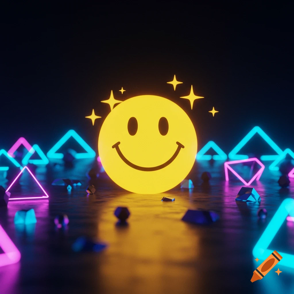 Glowing yellow smiley face with stars, surrounded by neon pink and blue geometric shapes on a dark, reflective surface in a 3D rendering.