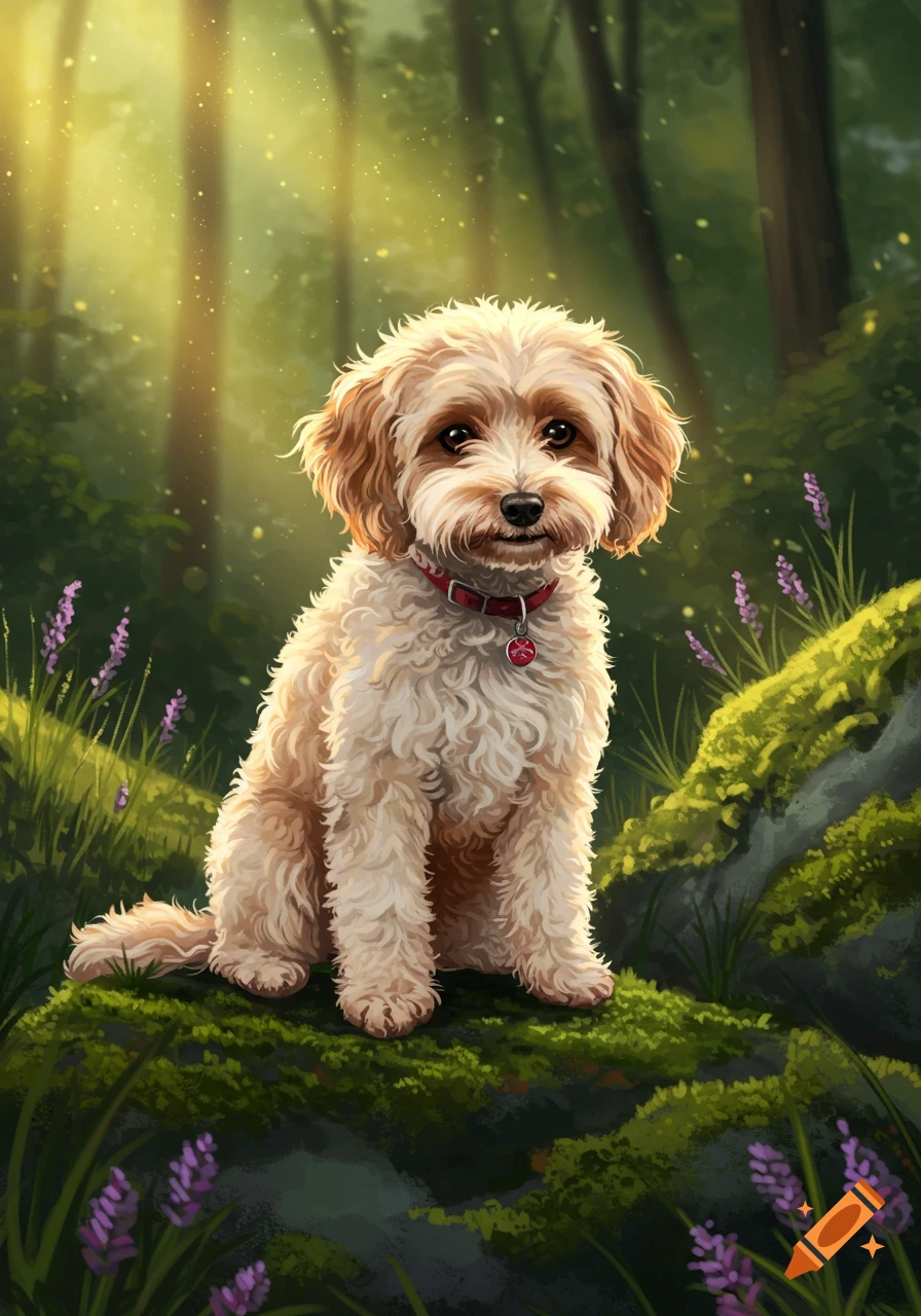 A fluffy light brown and white puppy sits on mossy ground in a sunlit forest with purple flowers. Digital art.
