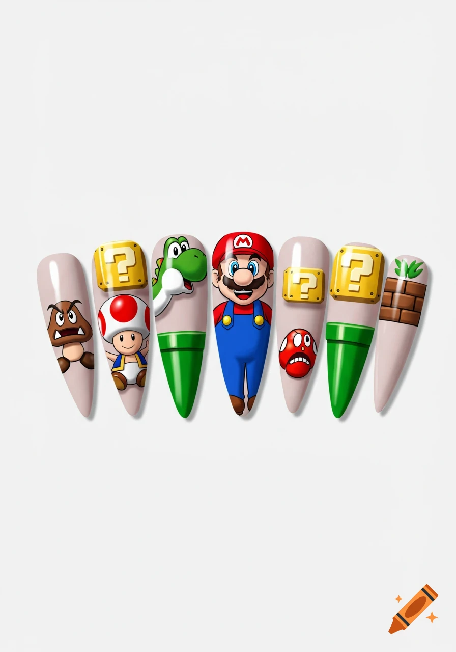 Mario-themed press-on nails featuring characters like Mario, Yoshi, Toad, Goomba, a Question Block, and a Piranha Plant pipe.