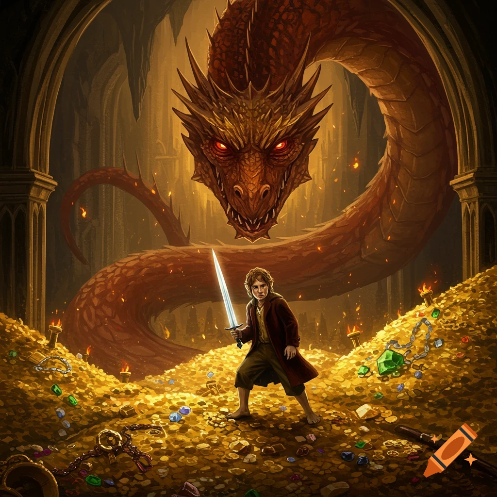 A hobbit-like figure with a sword confronts a massive red dragon, eyes glowing, in a cavern filled with gold and jewels.