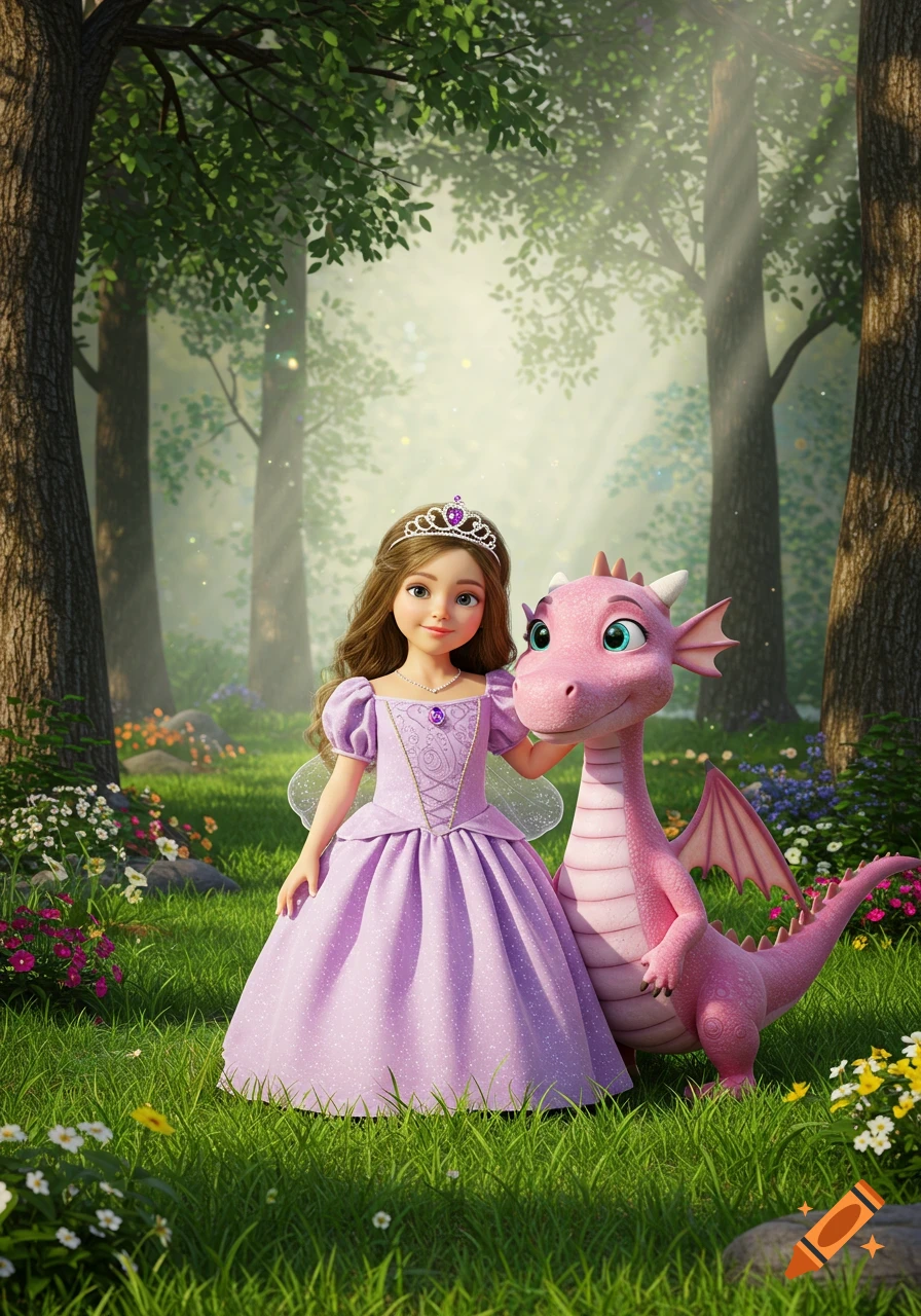 A realistic illustration of a princess in a lavender gown and a pink dragon standing in a magical forest filled with flowers.