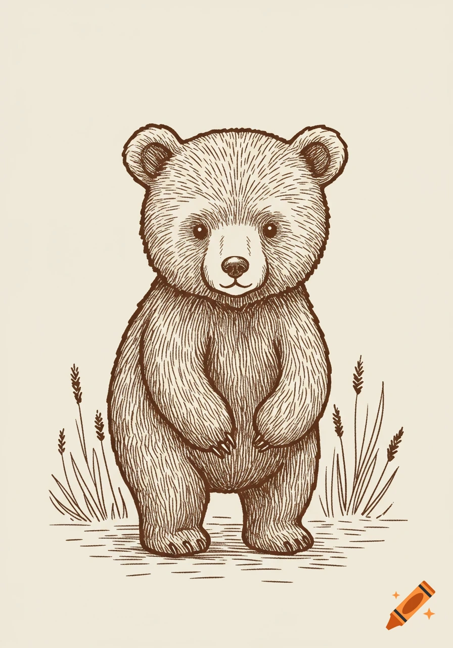 A woodcut illustration of a cute small bear standing, with sparse grass around it on a simple background.