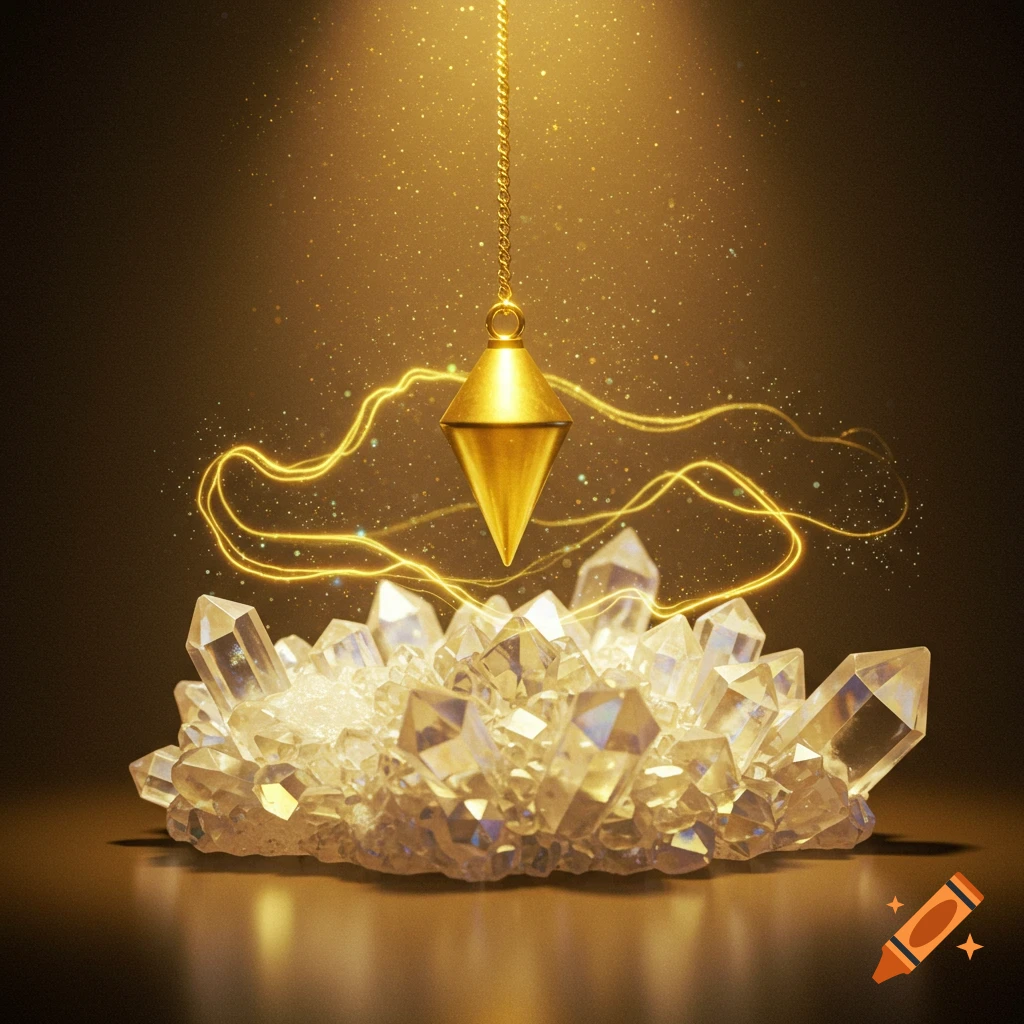A golden pendulum dousing over clear quartz crystals, surrounded by sparkling golden energy lines on a dark background.