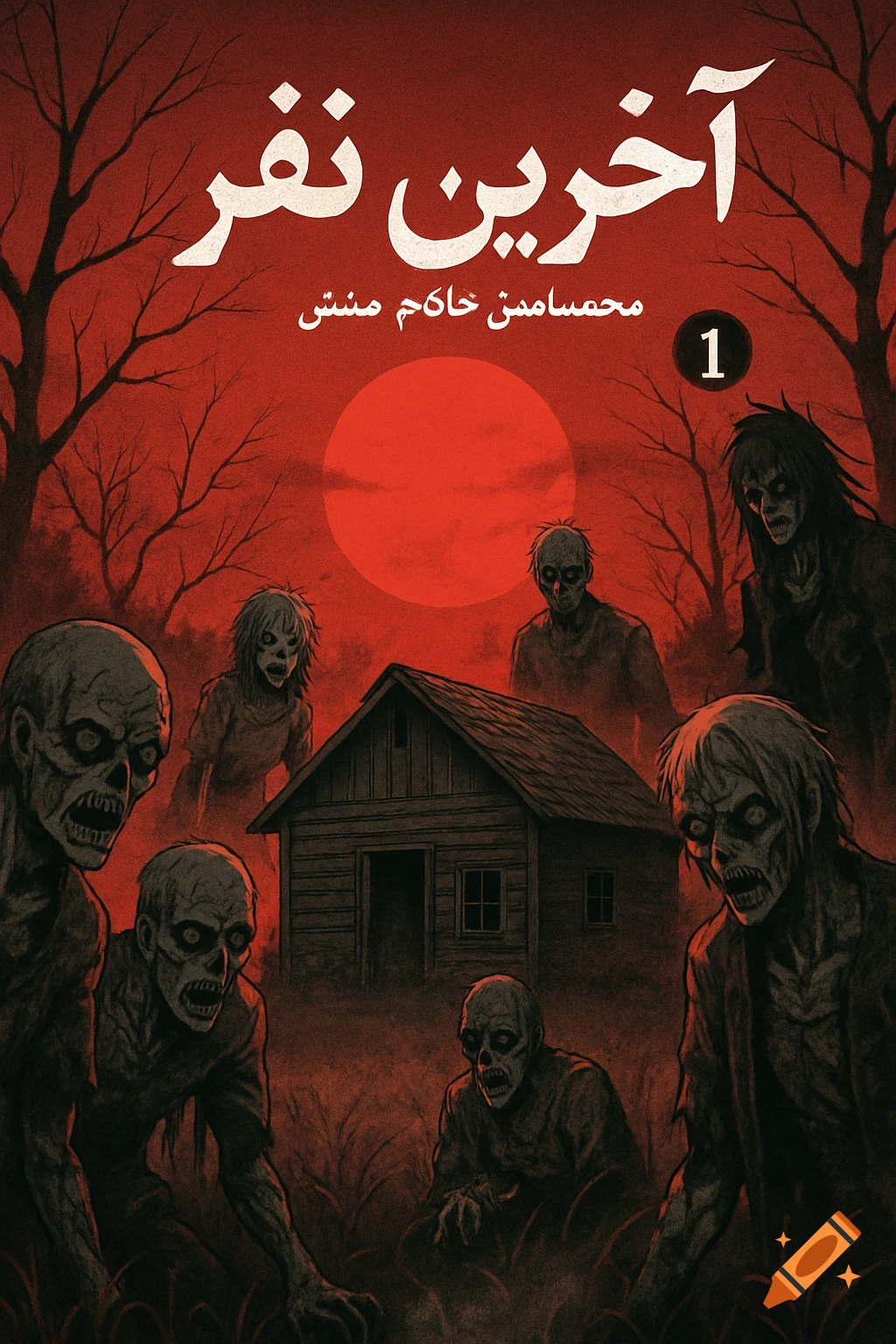 Stylized illustration of multiple zombies surrounding a wooden cabin under a large red moon and dark trees, with Arabic text at the top.