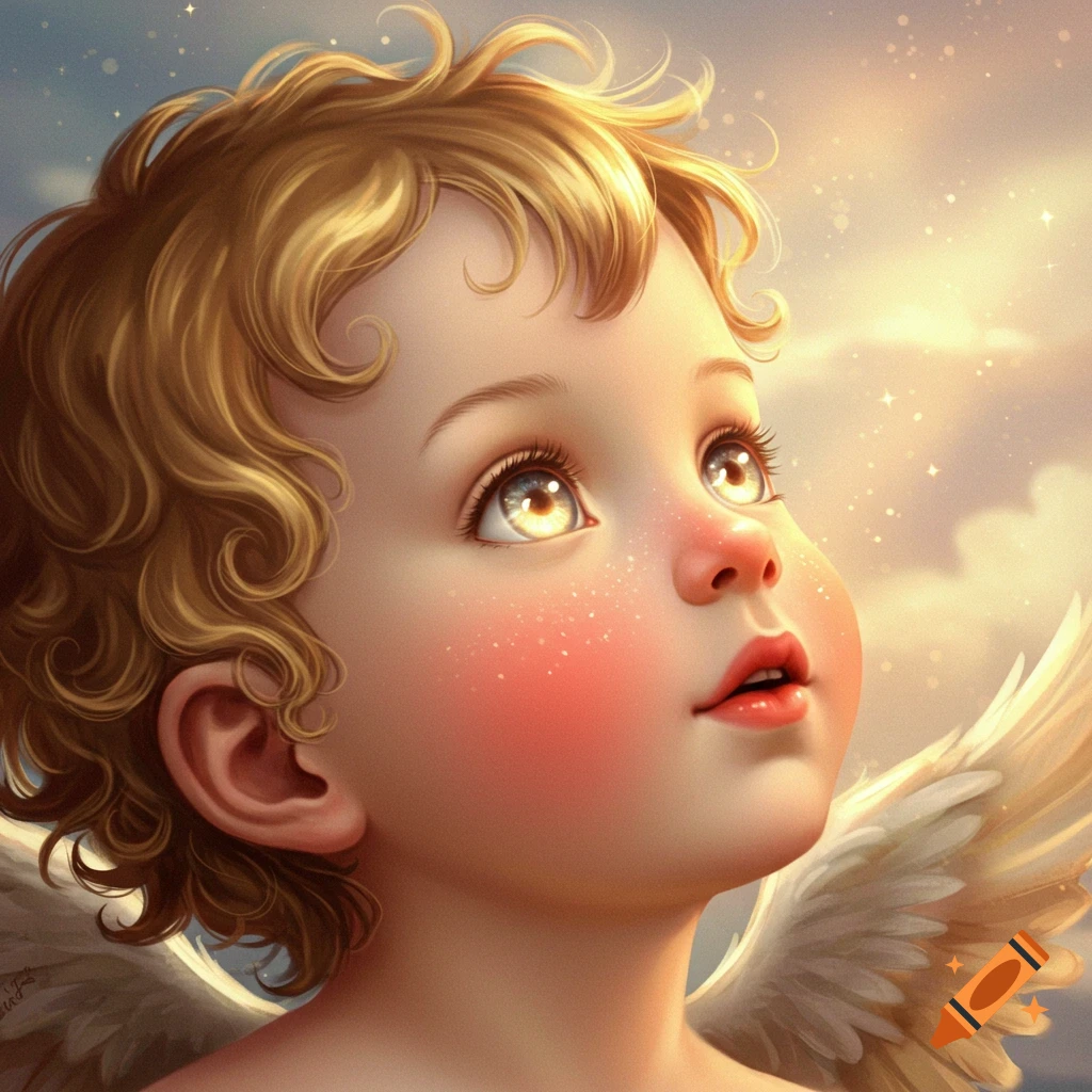 Close-up of a baby angel with golden curly hair and glowing eyes, looking up at a starry celestial sky in an illustration.