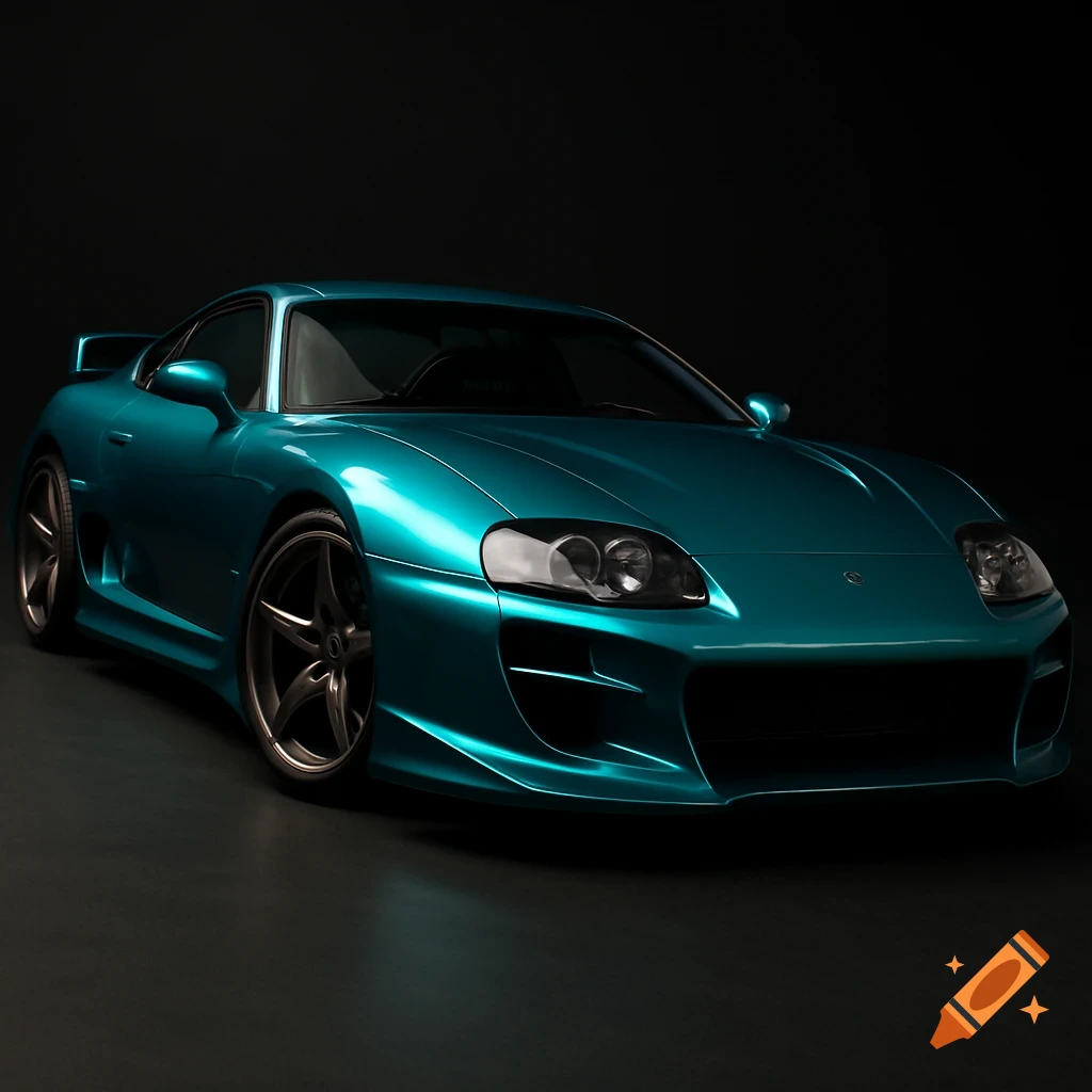A sleek turquoise metallic 1998 Toyota Supra with a custom body kit, custom rims, and tinted windows, sits on a black studio backdrop.