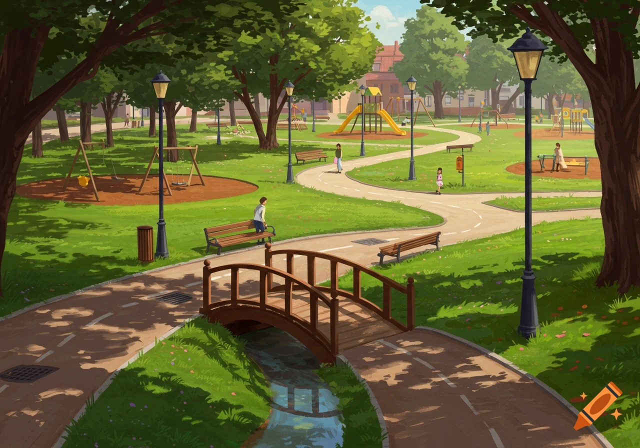 A vibrant cartoon-style park with trees, paths, a bridge over a stream, playground equipment, and people enjoying the sunny public space.