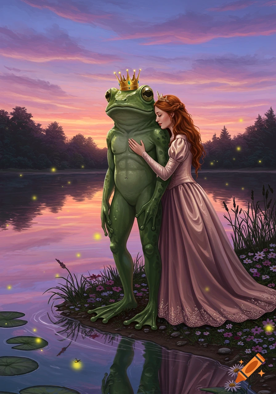 A princess in a long pink gown hugs a muscular, green humanoid frog wearing a crown by a reflective lake at sunset. Fireflies glow around them.