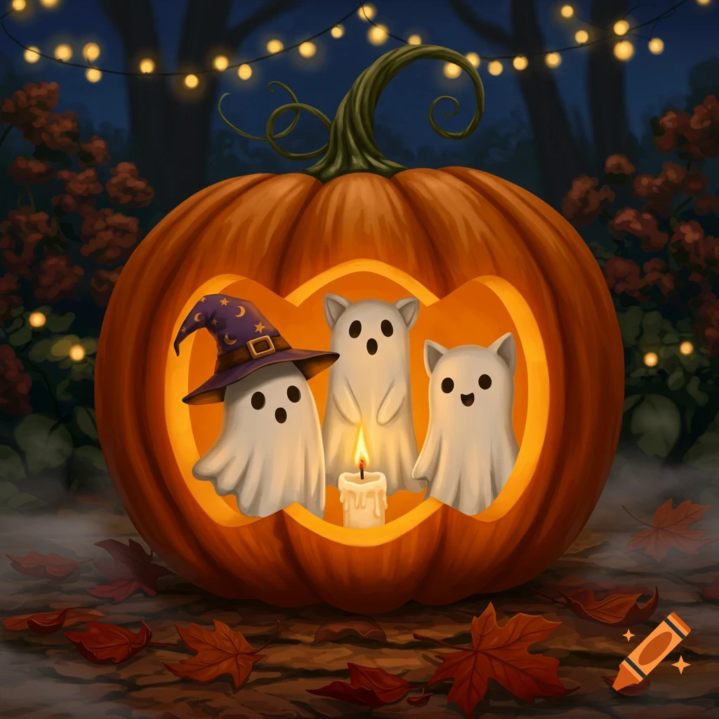 A carved pumpkin holds three cute ghosts: one with a witch hat, one with cat ears, and one plain, illuminated by a candle. Autumn leaves and string lights surround it at night.