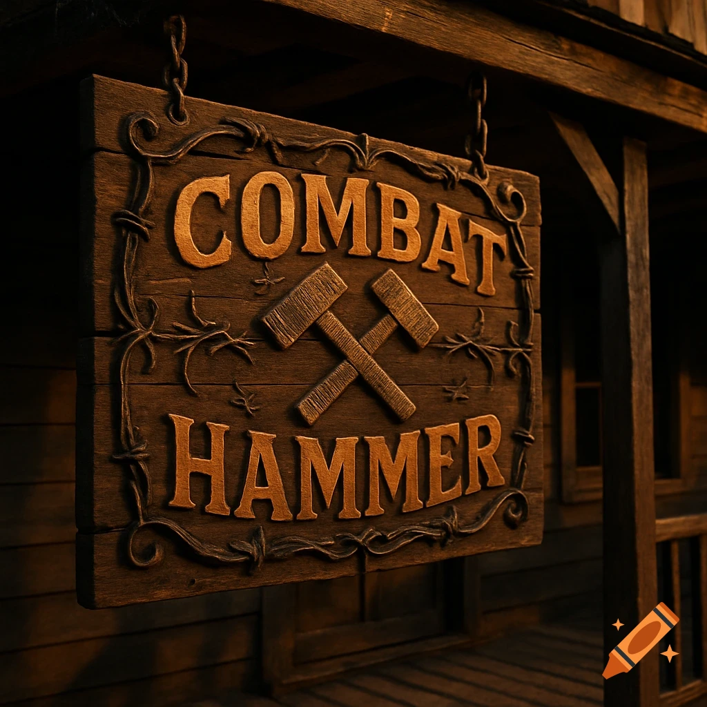 A rustic western-style wooden sign with 'COMBAT HAMMER' embossed in gold letters, flanked by two crossed hammers, hanging from a wooden beam.