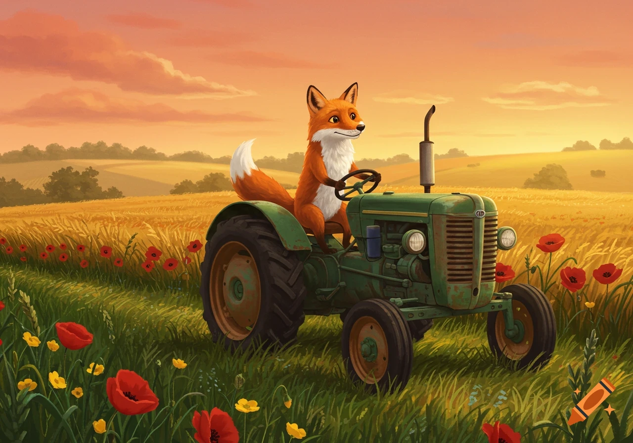 A smiling fox drives a green tractor through a golden wheat field with red poppies at sunset.