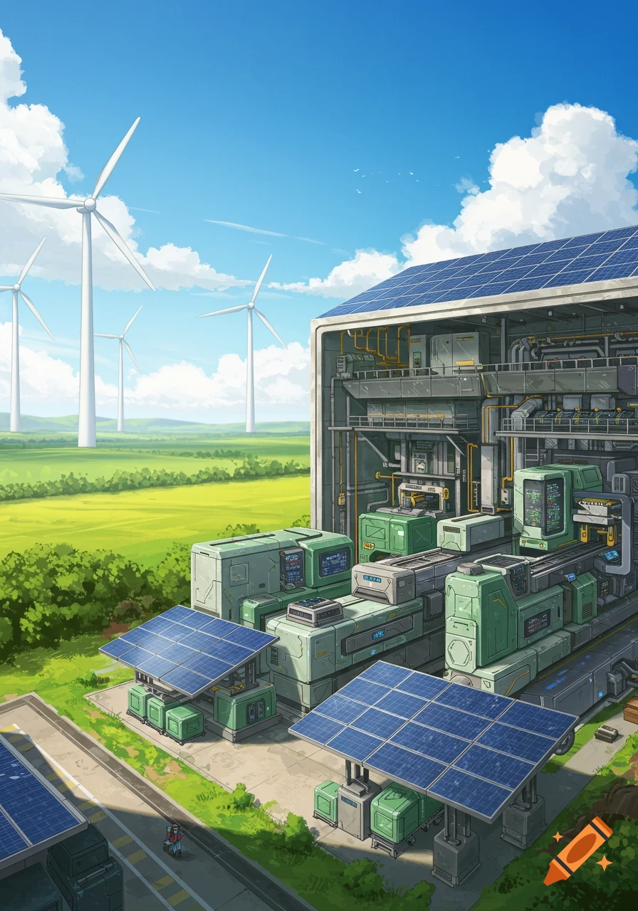 Animated view of a sustainable industrial plant with solar panels on the roof and wind turbines in green fields, under a blue sky.