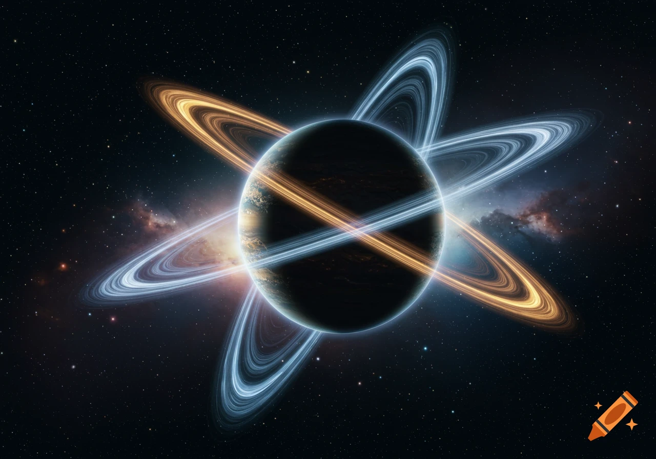 A dark planet in space with numerous glowing, intersecting rings of golden and blue light, set against a starry background.