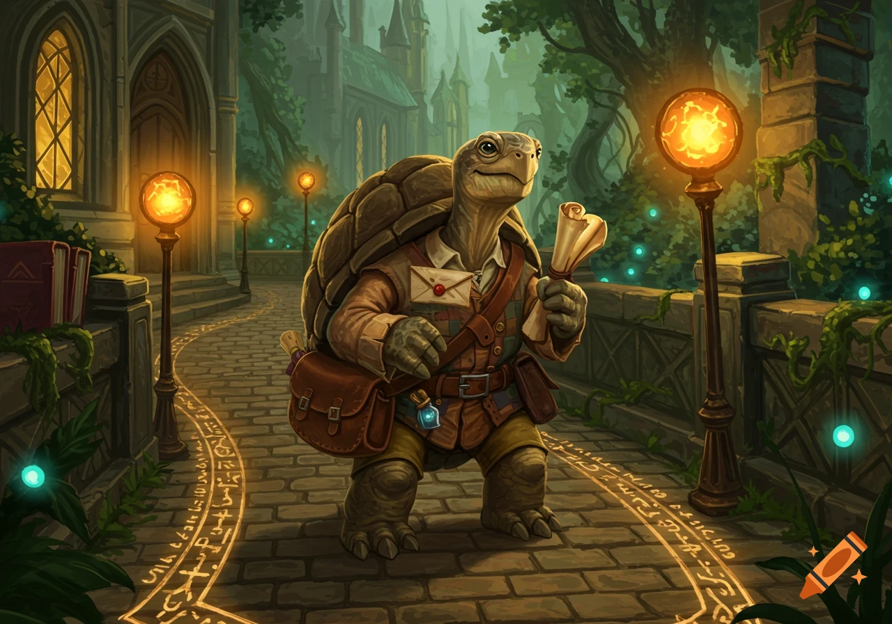 A bipedal tortle postman walks on a magical path with glowing symbols, holding a scroll on a fantasy campus, detailed illustration.