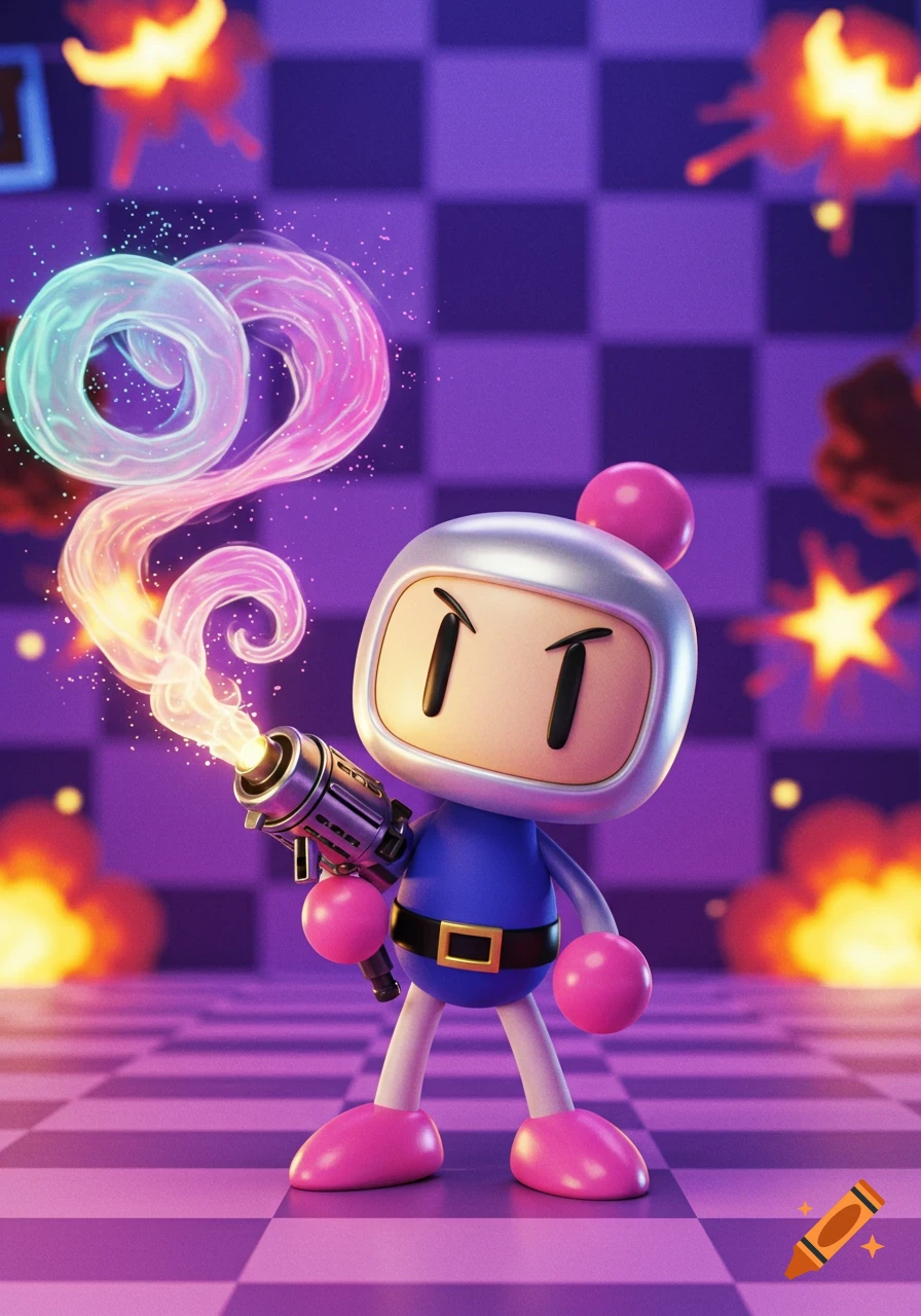 A cartoonish Bomberman-like character in a purple checkered room, holding a weapon emitting colorful energy, with explosions in the background.