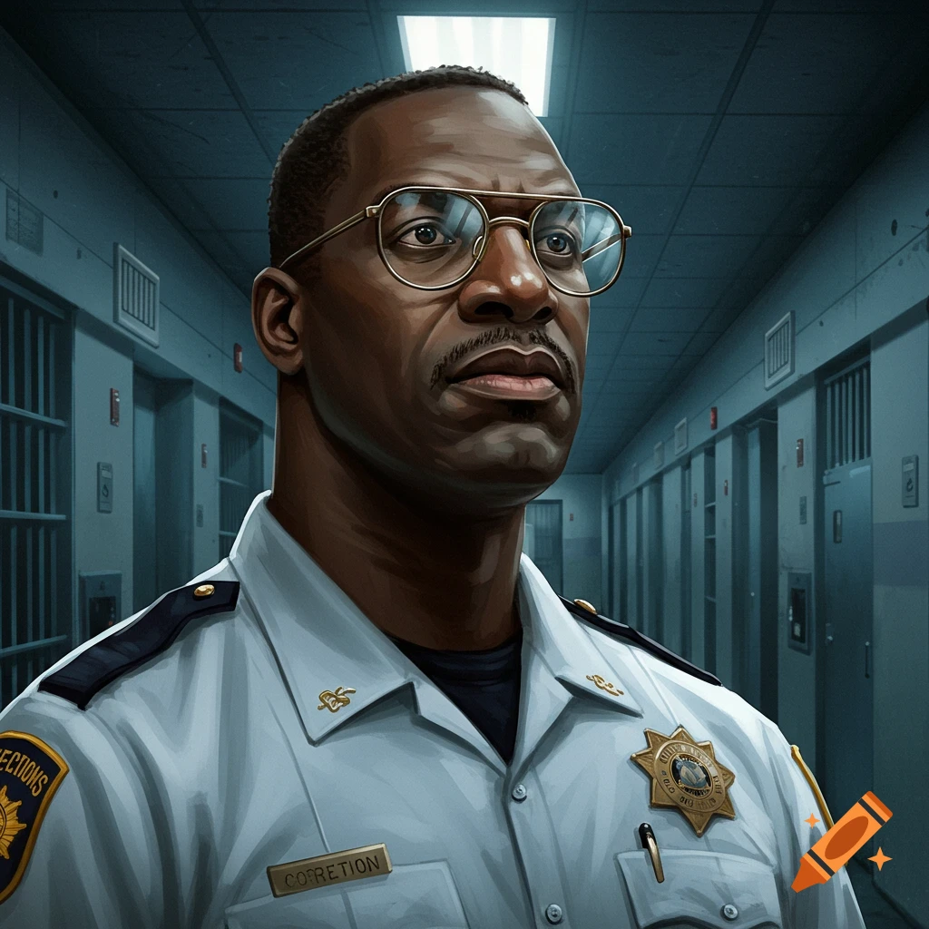 A serious African American corrections officer with glasses and a mustache, in a light uniform with badges, stands in a prison hallway.