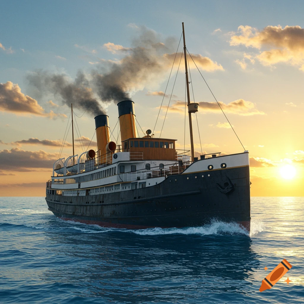 A historic steamboat with two yellow smokestacks sails across blue water as the sun sets on the horizon.