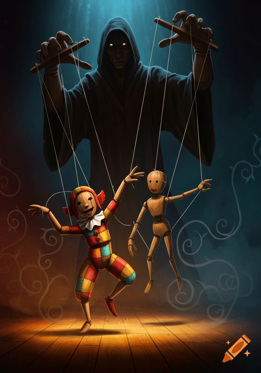 A dark, hooded puppet master with glowing eyes controls a colorful harlequin puppet and a plain wooden puppet on a stage.