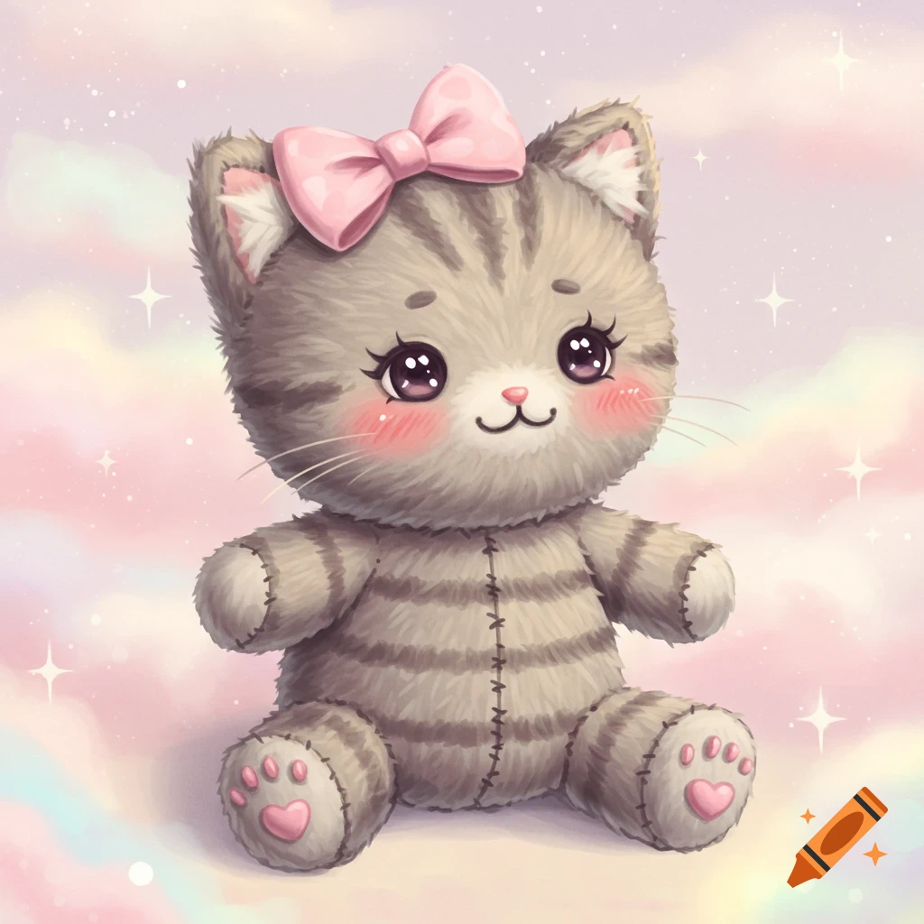 A cute, gray-striped plush cat with a pink bow, big sparkling eyes, and pink blush sits against a pastel cloud background.