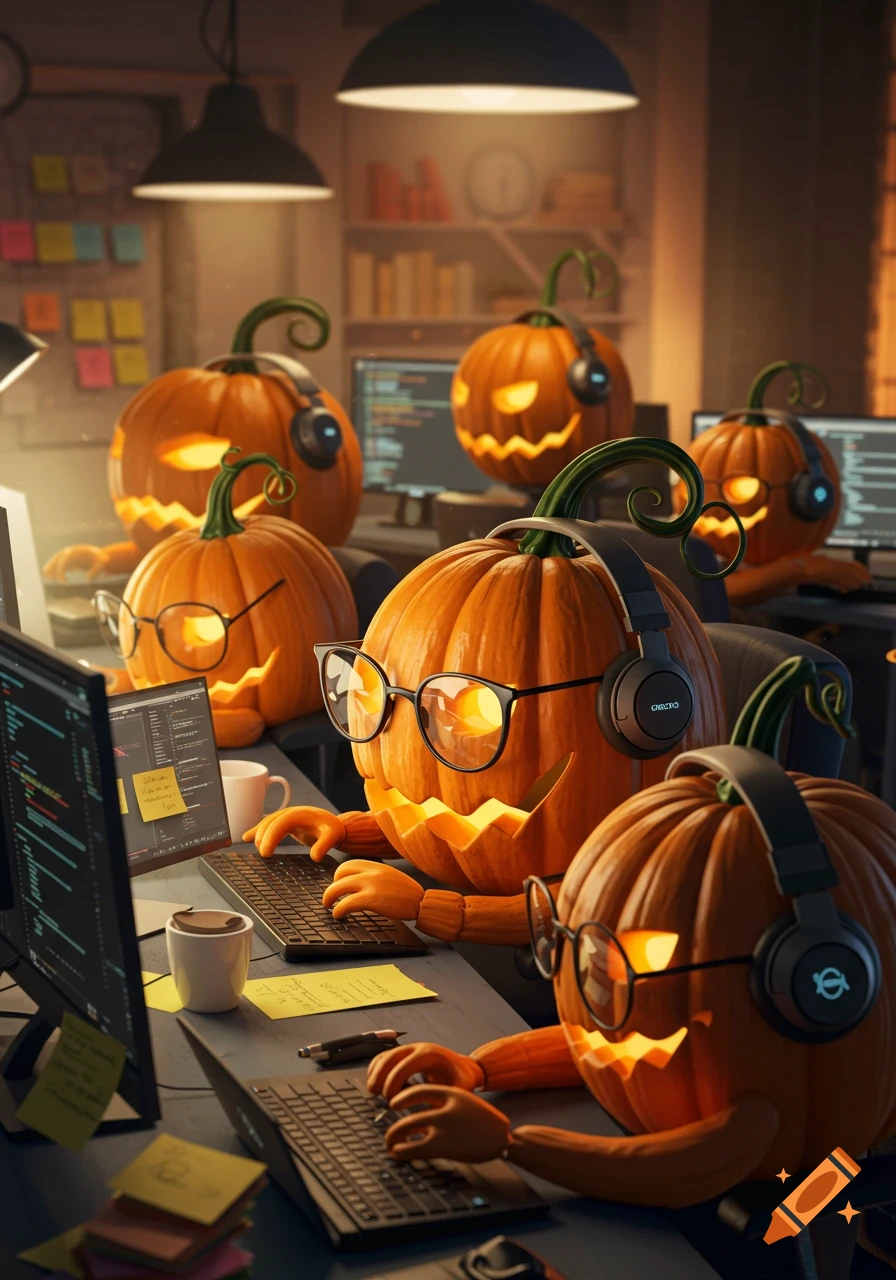 Anthropomorphic pumpkins wearing headphones and glasses type on ...