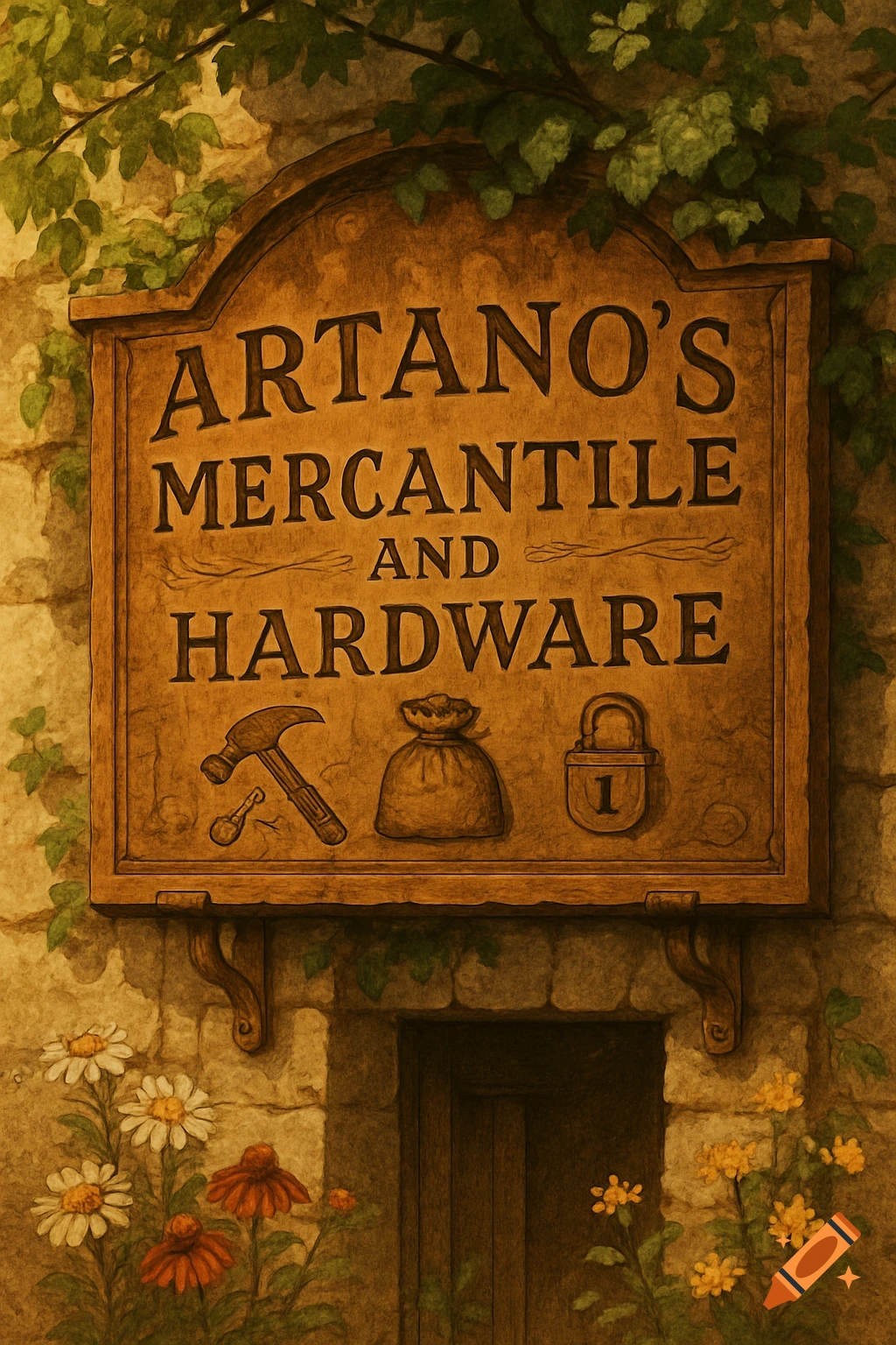 A rustic wooden sign for Artano's Mercantile and Hardware store, with carved tools and a money bag, surrounded by stone walls, ivy, and flowers.