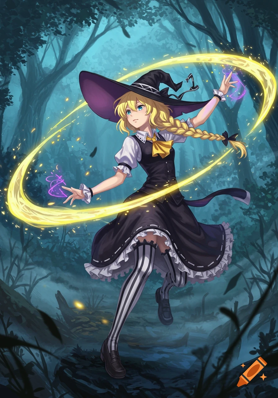 Anime witch with blonde braided hair and a purple hat casts glowing yellow and purple magic in a dark forest.