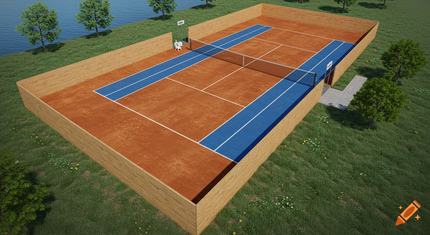 A photorealistic aerial view of a temporary pickleball court with red clay, blue non-volley zones, and white lines, surrounded by wood walls and grass next to a body of water.