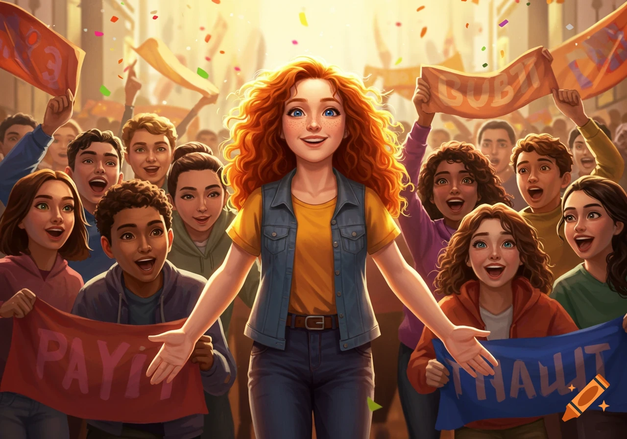 A red-haired girl smiles brightly amidst a cheering crowd holding banners and confetti, in a vibrant, illustrative style.