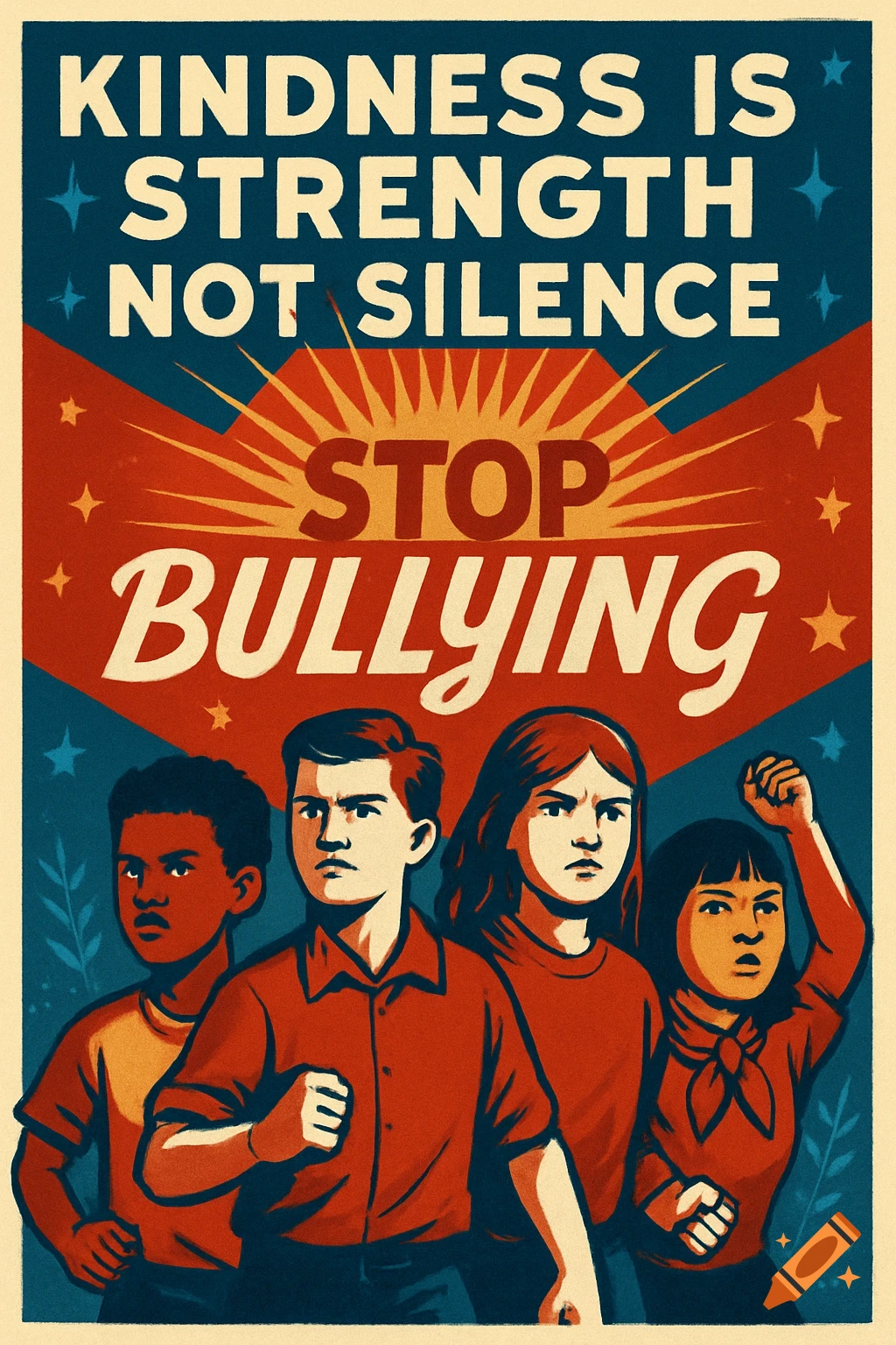 A retro propaganda poster in red, blue, and yellow with four diverse youths below text saying 'KINDNESS IS STRENGTH NOT SILENCE' and 'STOP BULLYING'.