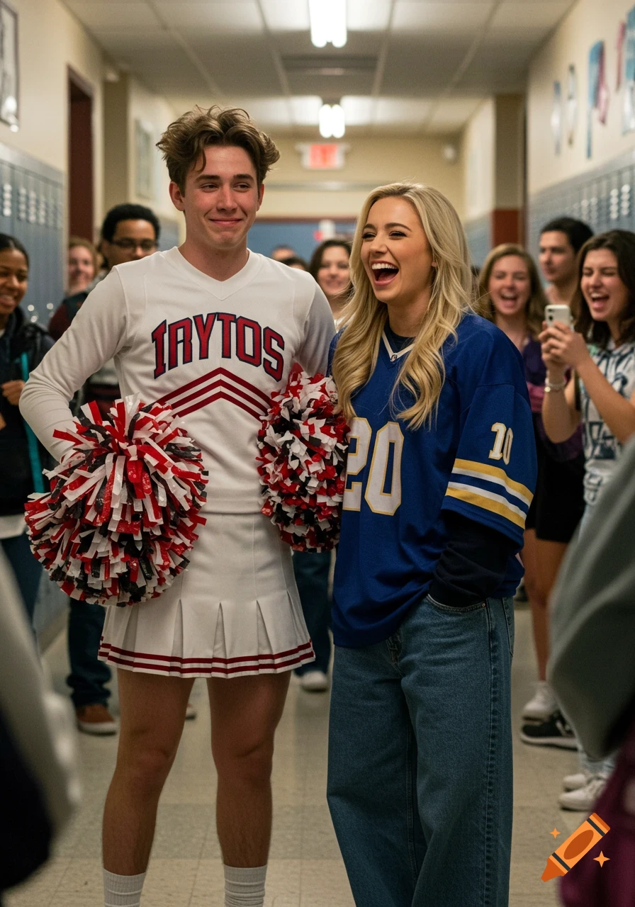 A male cheerleader and a girl in a football jersey laughing in a school hallway surrounded by other students.