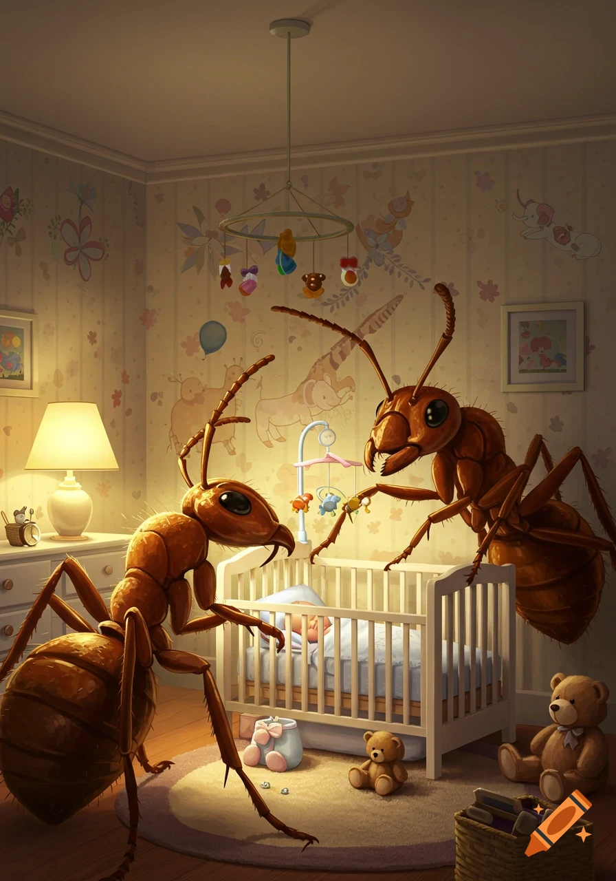 Two giant ants observe a sleeping baby in a crib within a warm, illustrated nursery.