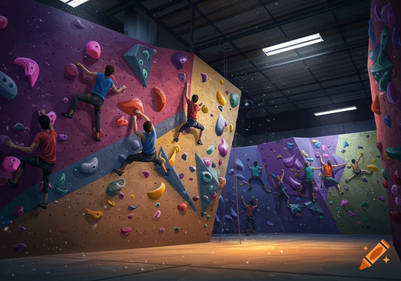 Artistic illustration of several people bouldering on colorful indoor climbing walls.
