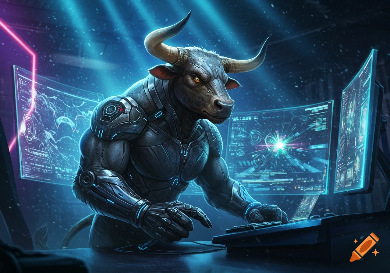A cybernetic humanoid bull with glowing blue armor sits at a desk, typing on a keyboard, surrounded by multiple glowing computer screens displaying abstract data in a futuristic, dark room.