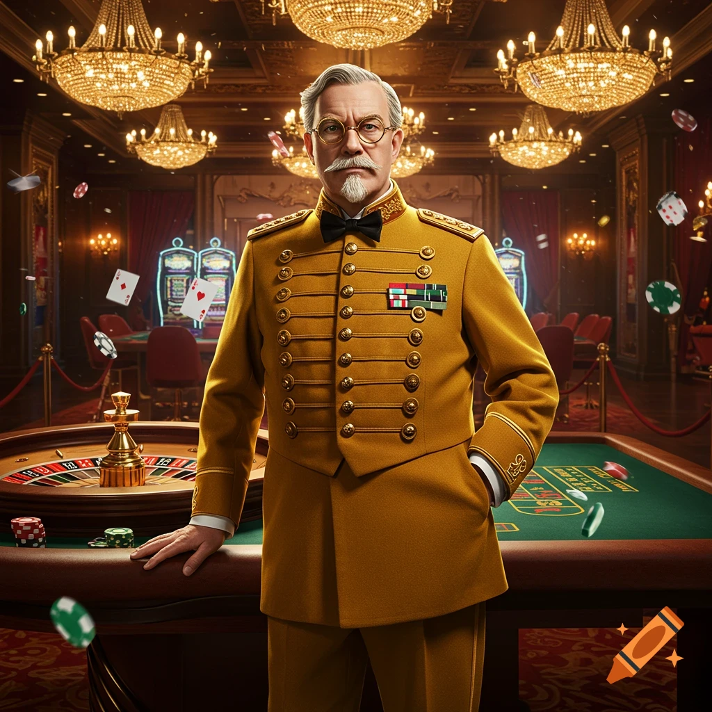 A distinguished older man in a mustard-colored military-style uniform stands in a lavish casino with roulette, slot machines, and floating playing cards.