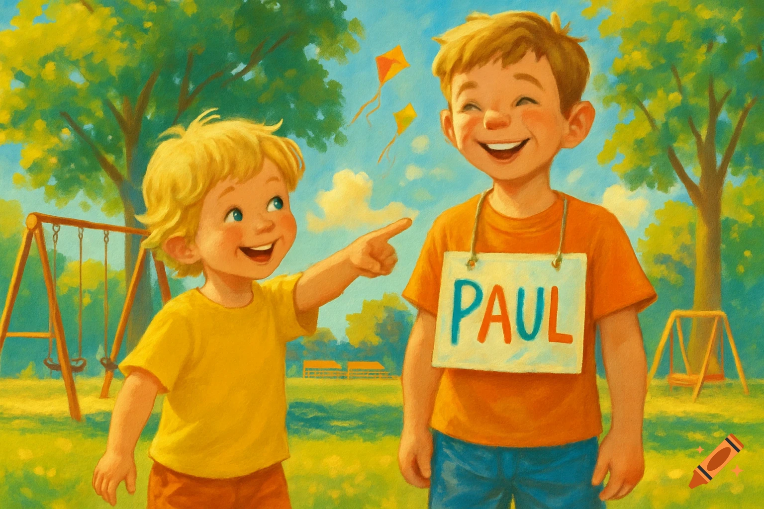 A painting of two happy boys in a sunny park; one points at the other, who wears a name tag saying "PAUL".