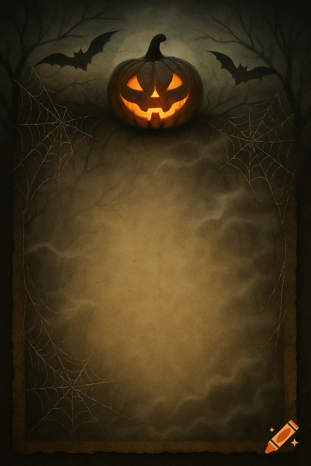 A spooky Halloween background with a glowing jack-o'-lantern, bats, bare trees, and spiderwebs above a blank textured paper area.