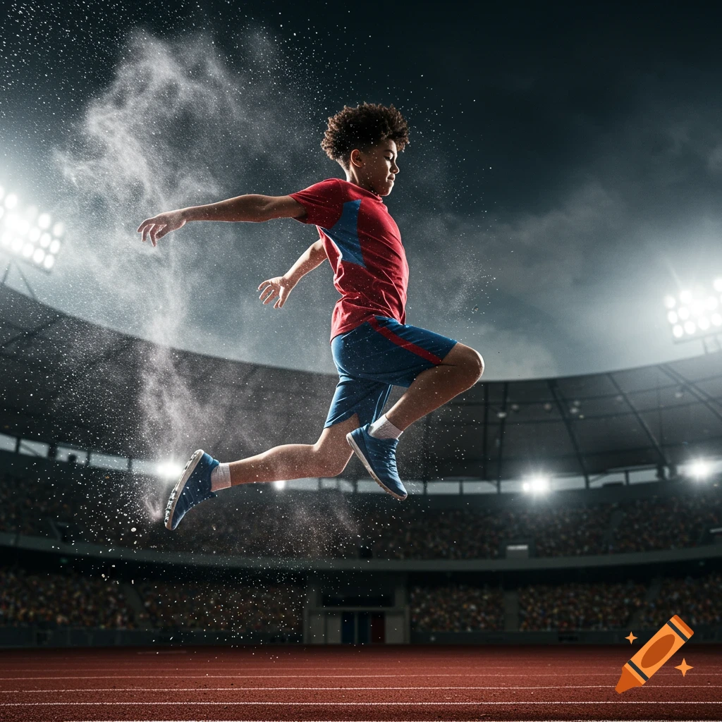 A young boy, an athlete, jumps mid-air on a stadium track with dust trailing him, under bright spotlights.