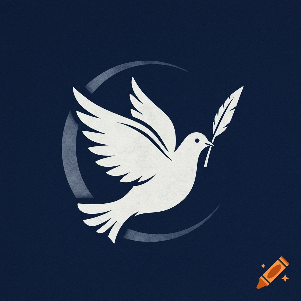 A minimalist illustration of a white dove in flight holding a quill feather, set against a dark blue background with a subtle crescent.