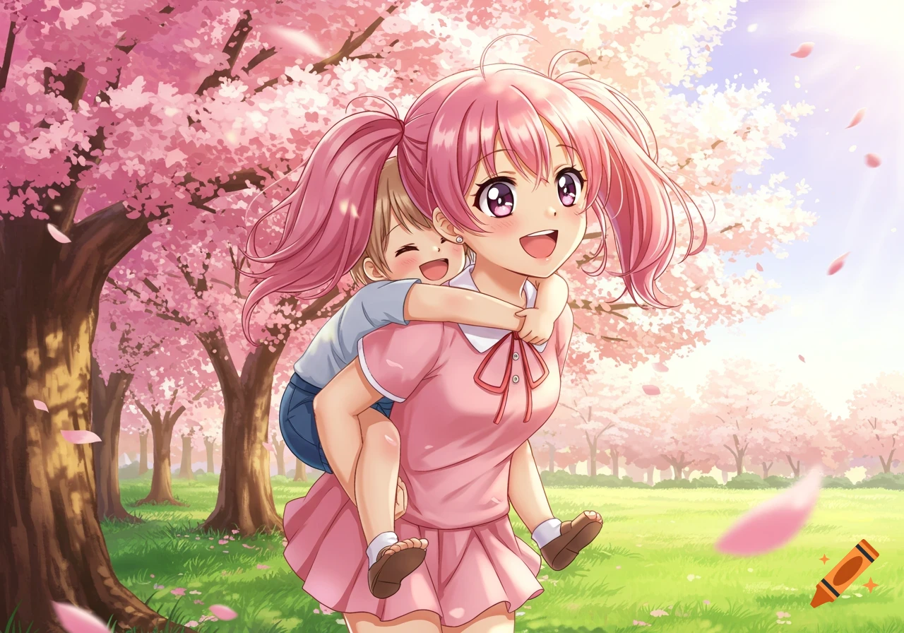 Two happy anime girls, one piggybacking the other, under blooming cherry blossom trees in a spring park.