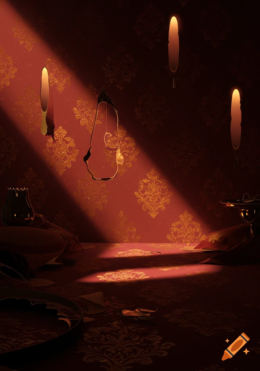 A dramatic ray of light illuminates a dark red room with gold damask wallpaper, abstract reflections, and dark objects.