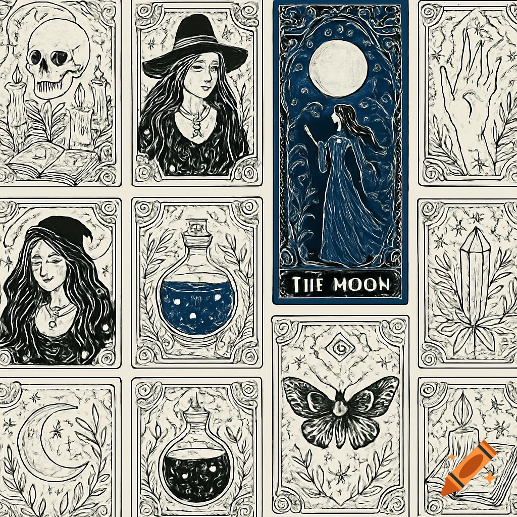A grid of witchy/gothic tarot card illustrations in a coloring page style, showing a blue 'The Moon' card, skulls, witches, and potions.