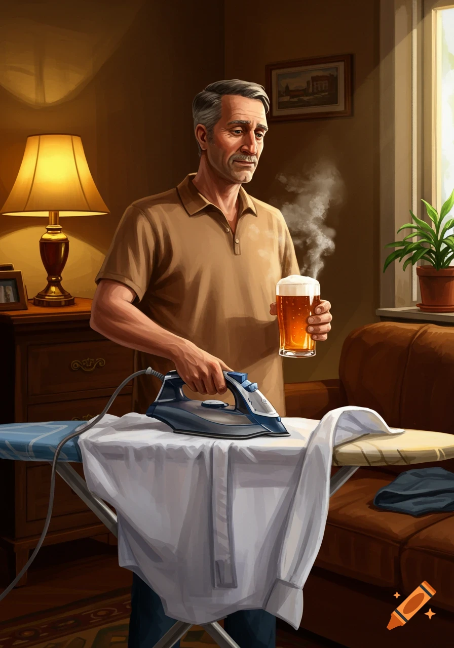 An illustrated image of a man ironing a white shirt while holding a steaming glass of beer in a warmly lit room.