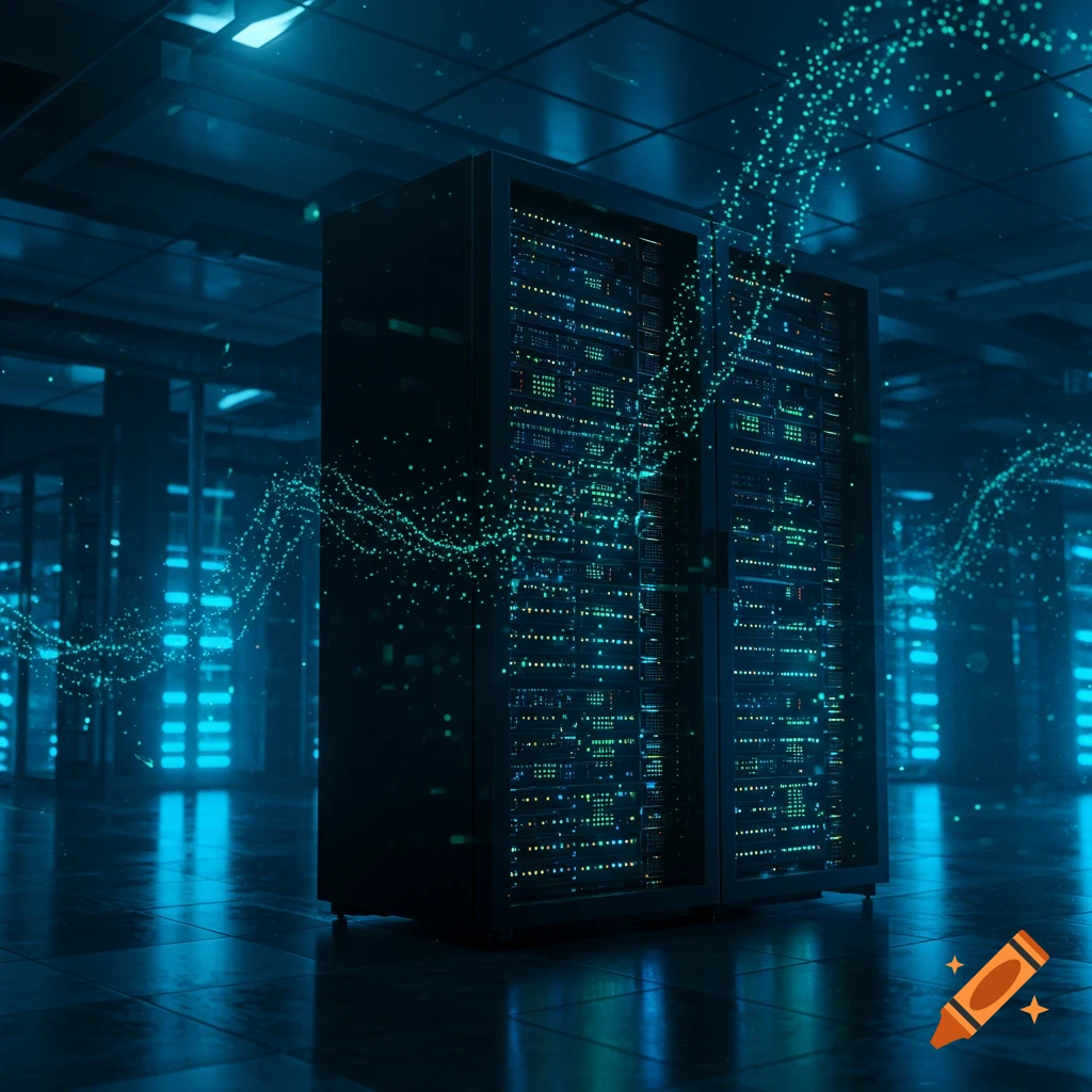 A tall server rack glowing with blue and green lights in a dark data center, with swirling digital particles.