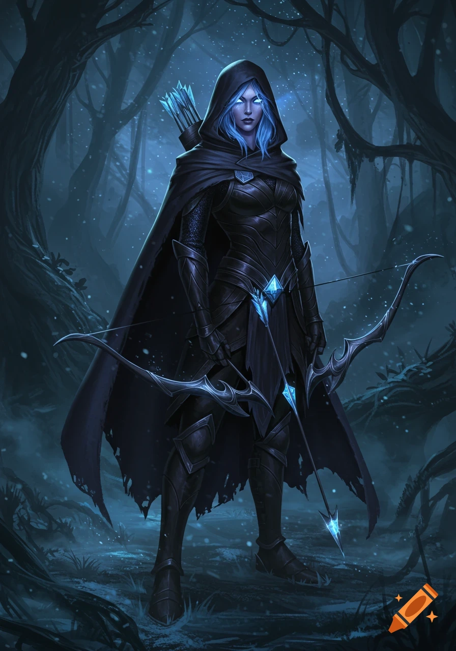 A cloaked female archer with glowing blue eyes stands in a dark, magical forest, holding a bow and arrow.