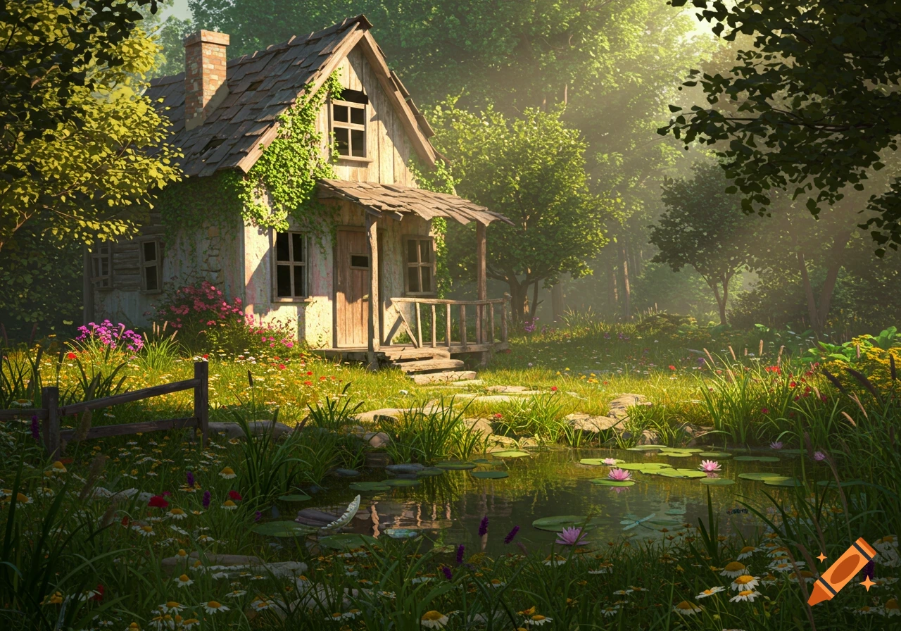 A charming, moss-covered rustic cottage with a porch nestled in a lush green forest, beside a pond with lily pads.