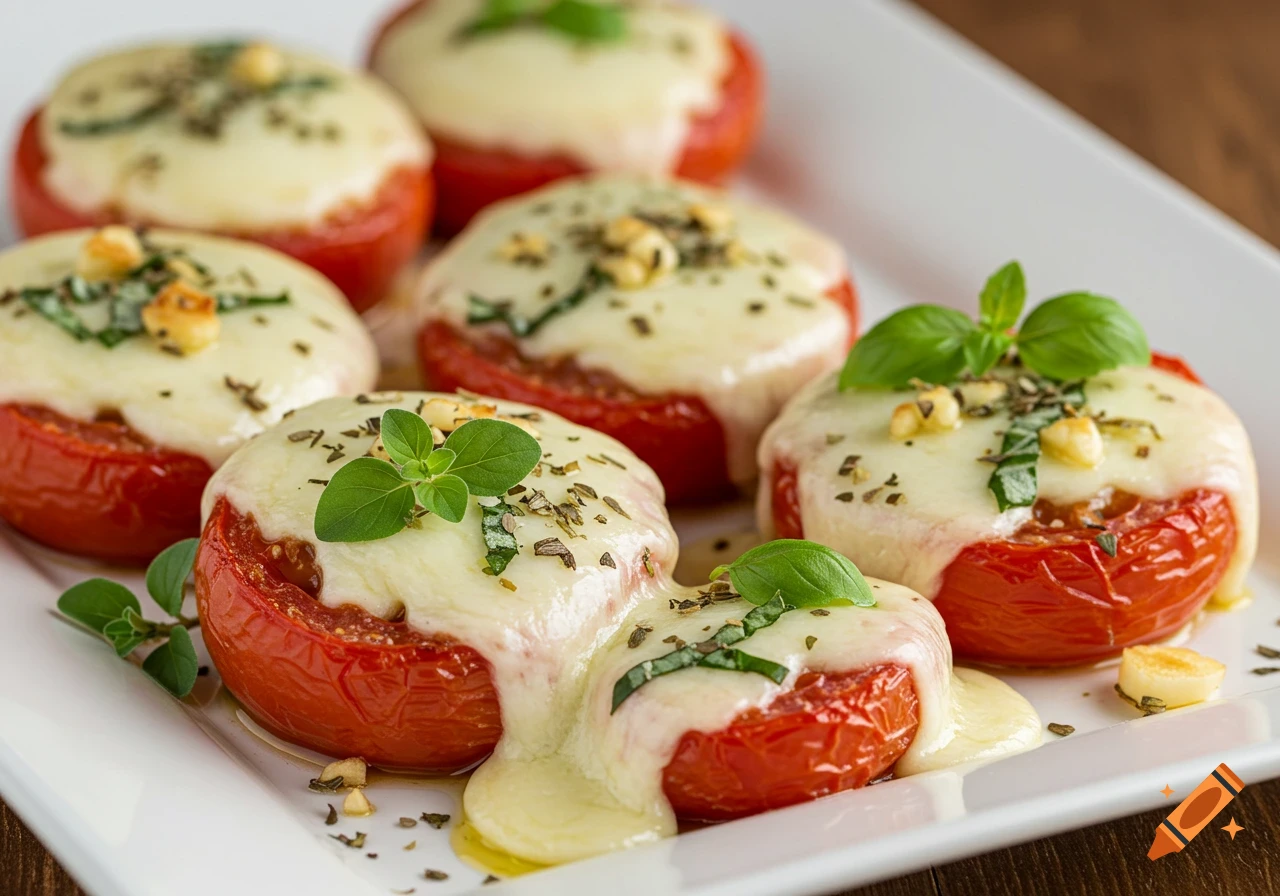 Oven-roasted tomatoes topped with melted mozzarella, dried oregano, and fresh basil leaves on a white platter.